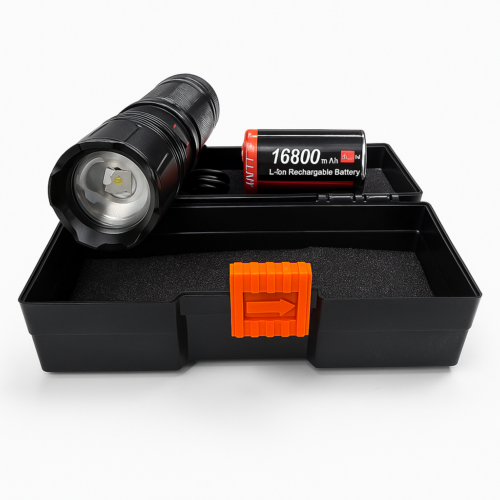 High-Power Rechargeable LED Flashlight Kit | مجموعة مصباح يدوي عالي الطاقة