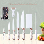 9-PIECE WHITE KITCHEN KNIFE SET ULTRA-SHARP NON-STICK BLADES WITH CRACKED HANDLE DESIGN & ACRYLIC STAND. PERFECT GIFT SET