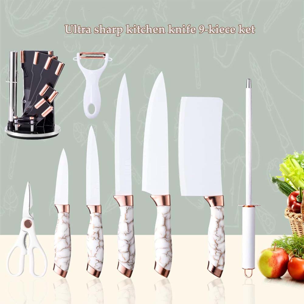 9-PIECE WHITE KITCHEN KNIFE SET ULTRA-SHARP NON-STICK BLADES WITH CRACKED HANDLE DESIGN & ACRYLIC STAND. PERFECT GIFT SET