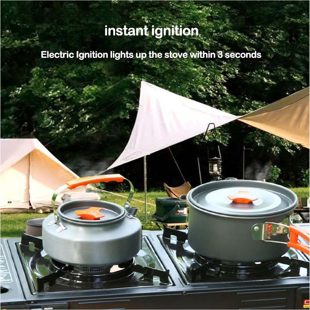 PORTABLE DOUBLE BURNER CARD STOVE. WINDPROOF BUTANE CAMP STOVE WITH 3-SECOND IGNITION FOR FAST OUTDOOR COOKING. COMPACT DESIGN