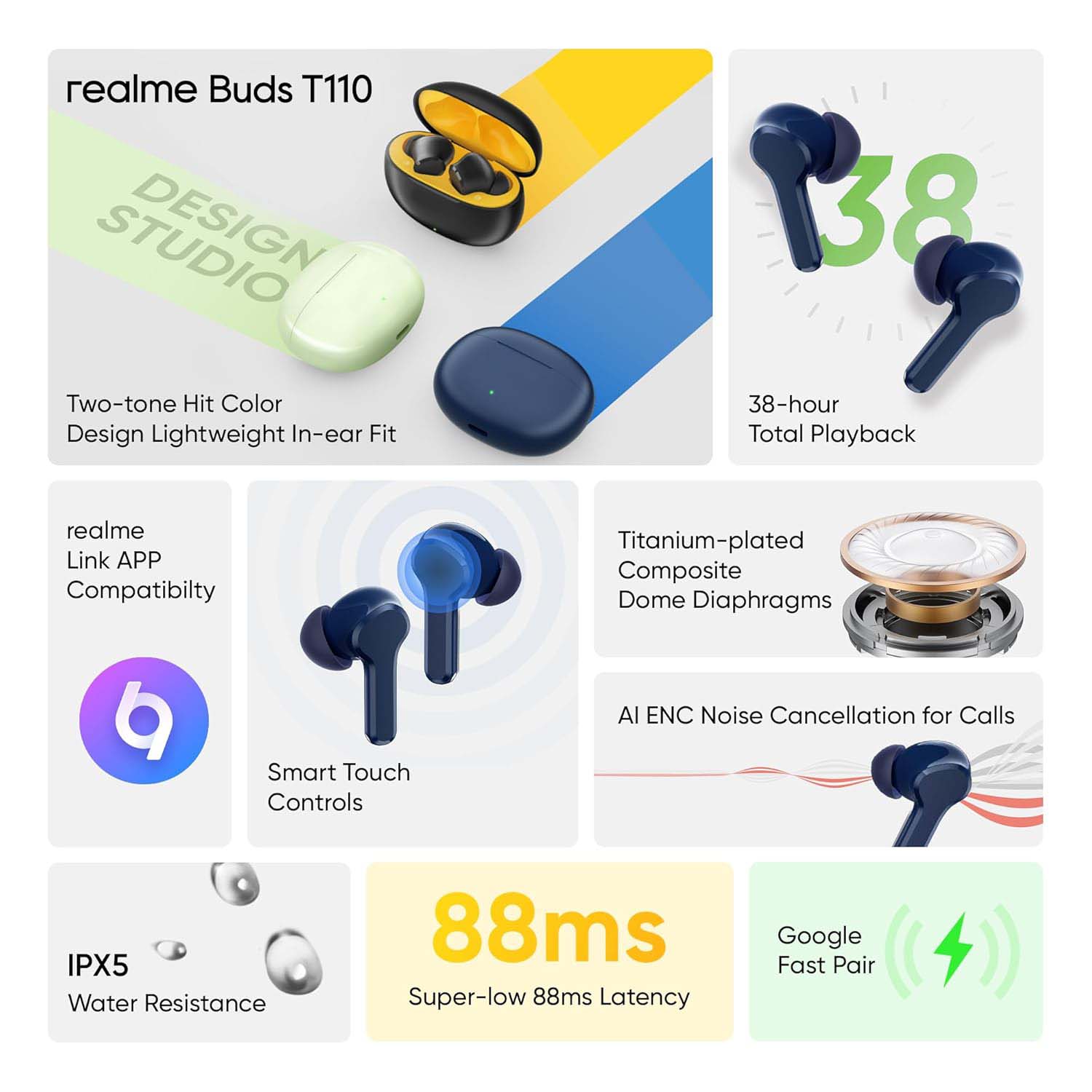 T100 BUDS TRUE WIRELESS EARBUDS - 10MM BASS BOOST, 38H PLAYBACK, AI ENC, 88MS LOW LATENCY, IPX5 WATER RESISTANT - PREMIUM SOUND