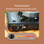 PORTABLE DOUBLE BURNER CARD STOVE. WINDPROOF BUTANE CAMP STOVE WITH 3-SECOND IGNITION FOR FAST OUTDOOR COOKING. COMPACT DESIGN
