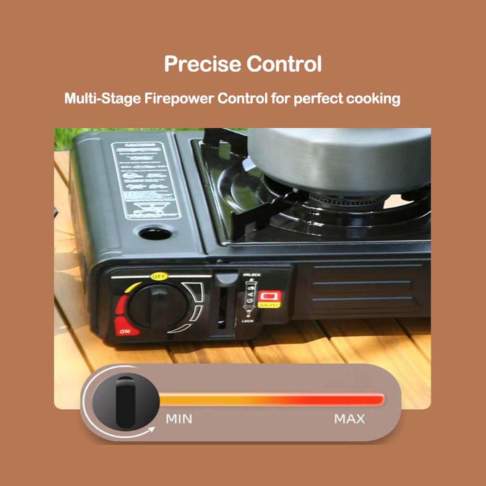 PORTABLE DOUBLE BURNER CARD STOVE. WINDPROOF BUTANE CAMP STOVE WITH 3-SECOND IGNITION FOR FAST OUTDOOR COOKING. COMPACT DESIGN