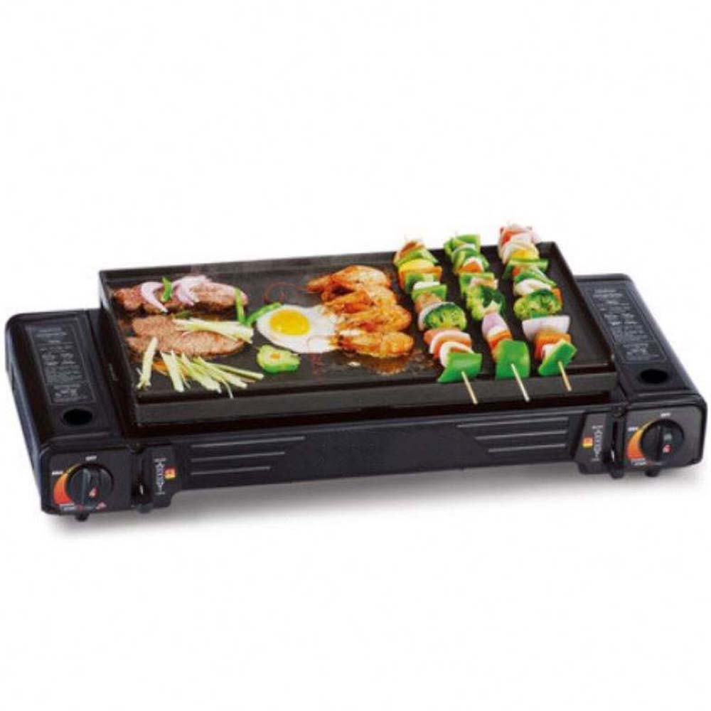 PORTABLE DOUBLE BURNER CARD STOVE. WINDPROOF BUTANE CAMP STOVE WITH 3-SECOND IGNITION FOR FAST OUTDOOR COOKING. COMPACT DESIGN