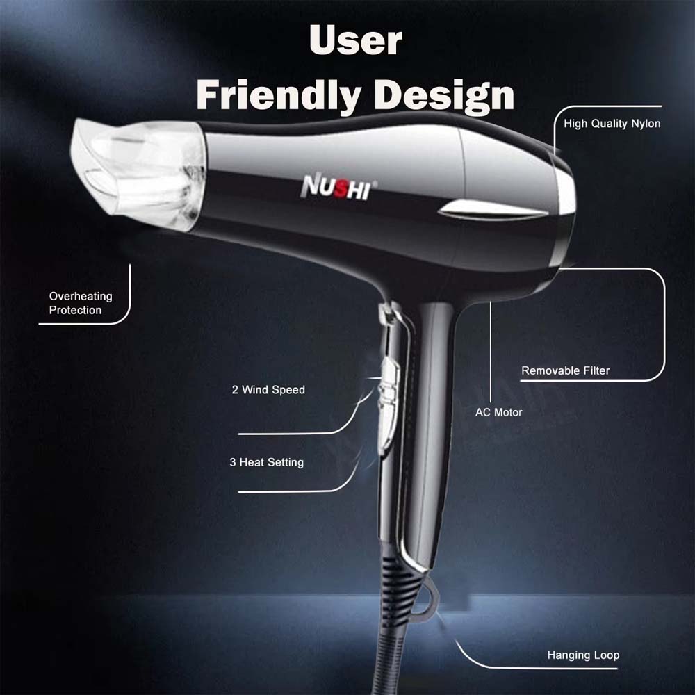 NUSHI PROFESSIONAL HAIR DRYER POWERFUL MOTOR FOR FAST DRYING WITH IONIC TECHNOLOGY