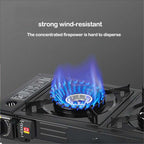 PORTABLE DOUBLE BURNER CARD STOVE. WINDPROOF BUTANE CAMP STOVE WITH 3-SECOND IGNITION FOR FAST OUTDOOR COOKING. COMPACT DESIGN
