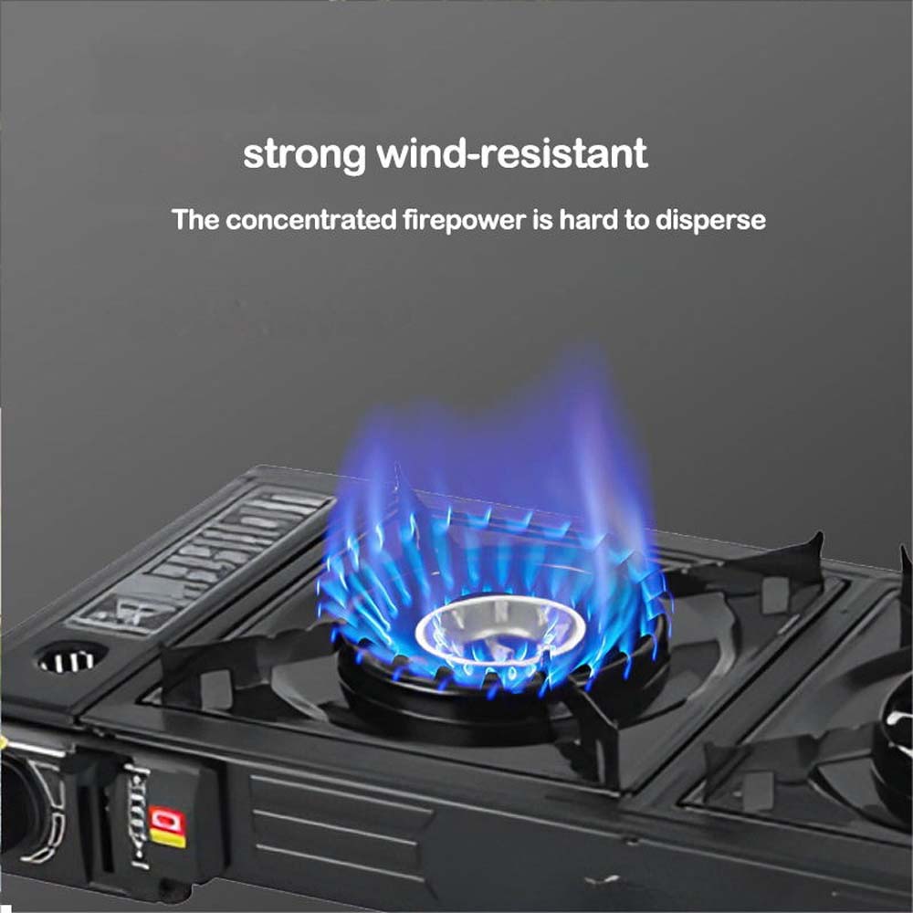 PORTABLE DOUBLE BURNER CARD STOVE. WINDPROOF BUTANE CAMP STOVE WITH 3-SECOND IGNITION FOR FAST OUTDOOR COOKING. COMPACT DESIGN