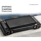 PORTABLE DOUBLE BURNER CARD STOVE. WINDPROOF BUTANE CAMP STOVE WITH 3-SECOND IGNITION FOR FAST OUTDOOR COOKING. COMPACT DESIGN