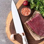 9-PIECE WHITE KITCHEN KNIFE SET ULTRA-SHARP NON-STICK BLADES WITH CRACKED HANDLE DESIGN & ACRYLIC STAND. PERFECT GIFT SET