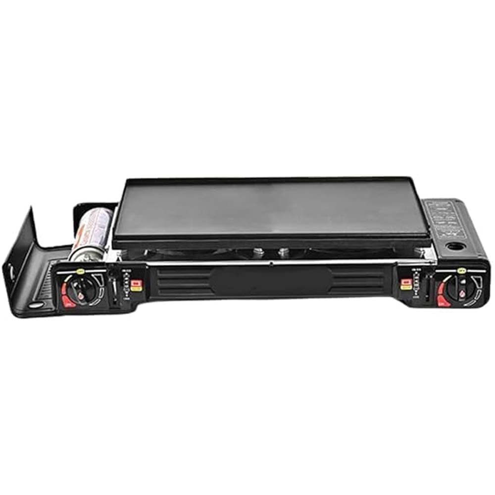 PORTABLE DOUBLE BURNER CARD STOVE. WINDPROOF BUTANE CAMP STOVE WITH 3-SECOND IGNITION FOR FAST OUTDOOR COOKING. COMPACT DESIGN