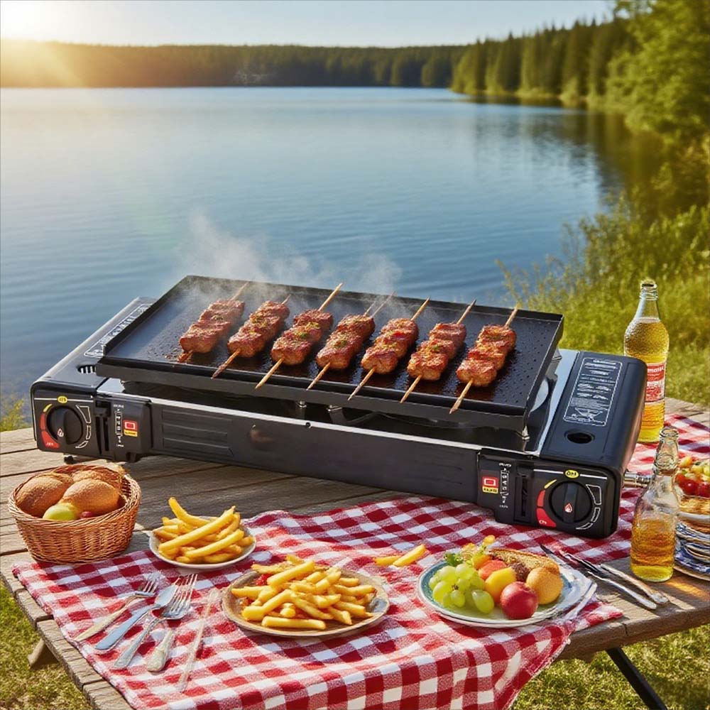 PORTABLE DOUBLE BURNER CARD STOVE. WINDPROOF BUTANE CAMP STOVE WITH 3-SECOND IGNITION FOR FAST OUTDOOR COOKING. COMPACT DESIGN