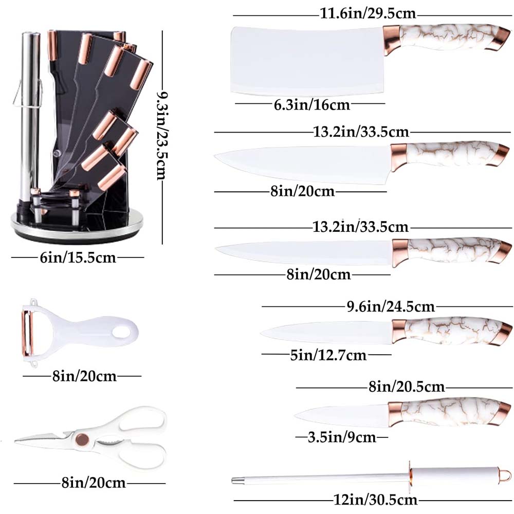9-PIECE WHITE KITCHEN KNIFE SET ULTRA-SHARP NON-STICK BLADES WITH CRACKED HANDLE DESIGN & ACRYLIC STAND. PERFECT GIFT SET