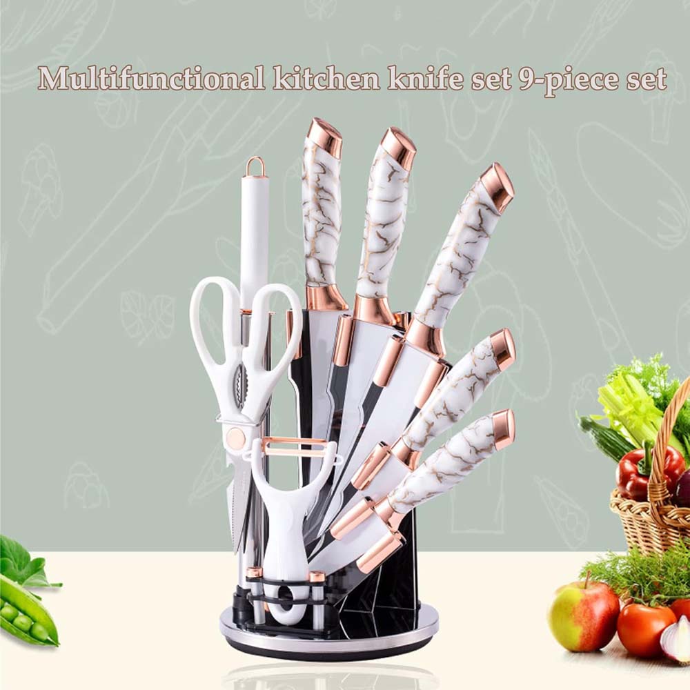 9-PIECE WHITE KITCHEN KNIFE SET ULTRA-SHARP NON-STICK BLADES WITH CRACKED HANDLE DESIGN & ACRYLIC STAND. PERFECT GIFT SET