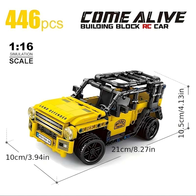 RC LAND DEFENDER ROVER. 446-PIECE DIY BUILDING KIT WITH REMOTE CONTROL. STEM ENGINEERING TOY FOR KIDS
