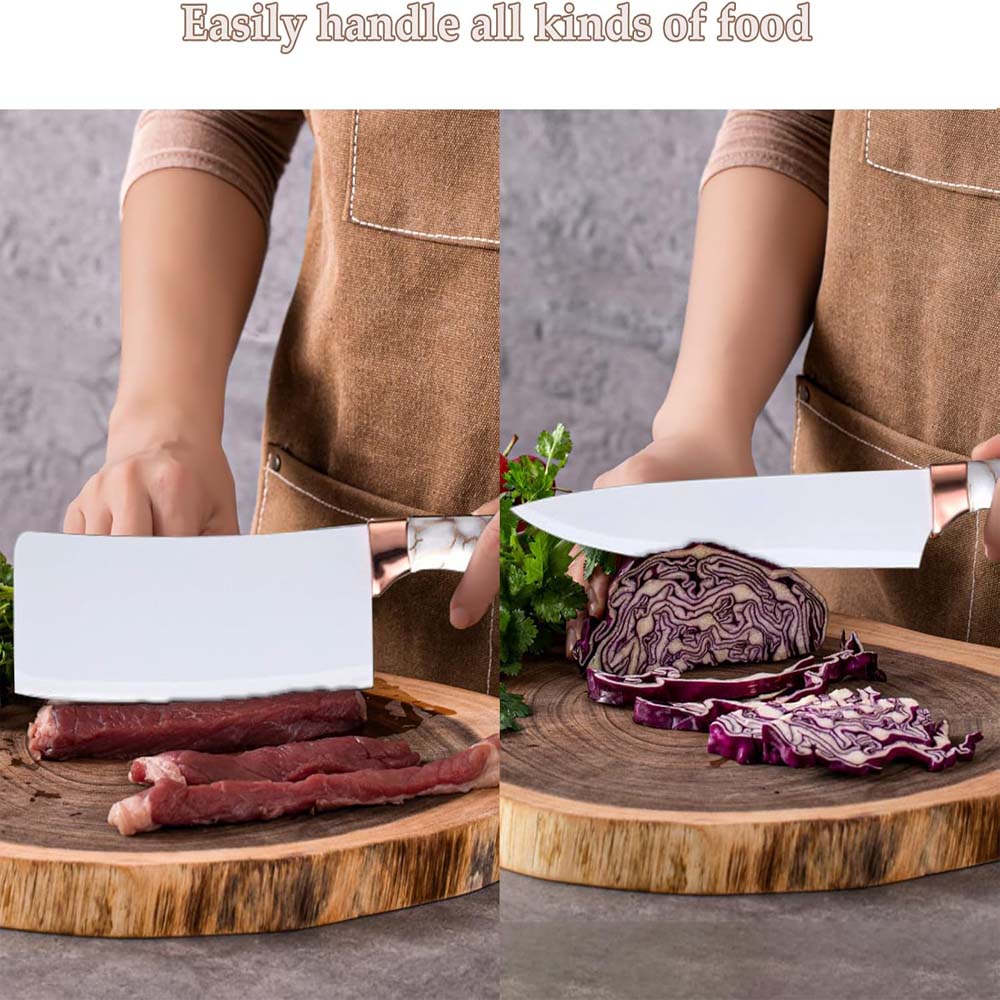 9-PIECE WHITE KITCHEN KNIFE SET ULTRA-SHARP NON-STICK BLADES WITH CRACKED HANDLE DESIGN & ACRYLIC STAND. PERFECT GIFT SET