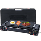 PORTABLE DOUBLE BURNER CARD STOVE. WINDPROOF BUTANE CAMP STOVE WITH 3-SECOND IGNITION FOR FAST OUTDOOR COOKING. COMPACT DESIGN