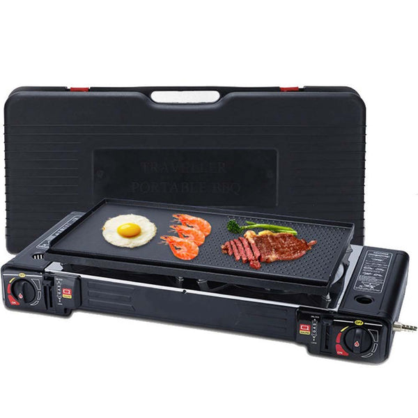 PORTABLE DOUBLE BURNER CARD STOVE. WINDPROOF BUTANE CAMP STOVE WITH 3-SECOND IGNITION FOR FAST OUTDOOR COOKING. COMPACT DESIGN
