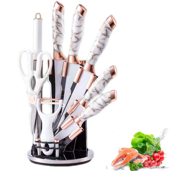 9-PIECE WHITE KITCHEN KNIFE SET ULTRA-SHARP NON-STICK BLADES WITH CRACKED HANDLE DESIGN & ACRYLIC STAND. PERFECT GIFT SET